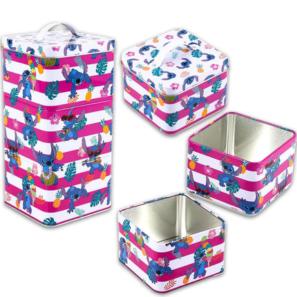 Disney Lilo & Stitch Pink Stack Store And Carry Stackable Tin Box Set - Bundle of Disney 3 Stack Food Storage Containers and Stickers | Stitch Canisters for Storage