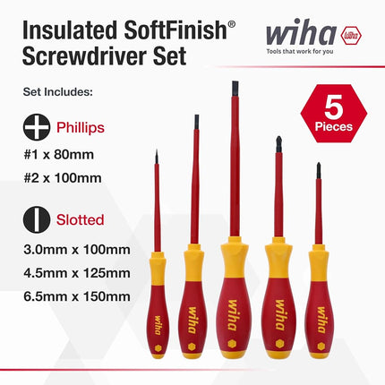 Wiha 32091 5-Piece 1000-Volt Slotted and Phillips Insulated Screwdriver Set