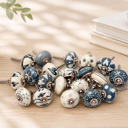 JGARTS - 20 x Hand Painted Ceramic Cabinet Drawer Knobs Grey and Cream White