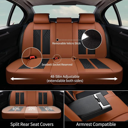 FLORICH Fundas de asiento, juego completo de fundas de asiento marrones, impermeables, cojín de asiento de cuero para automóvil, protector de asiento de automóvil, ajuste universal para la mayoría de automóviles, camiones, SUV, marrón y negro