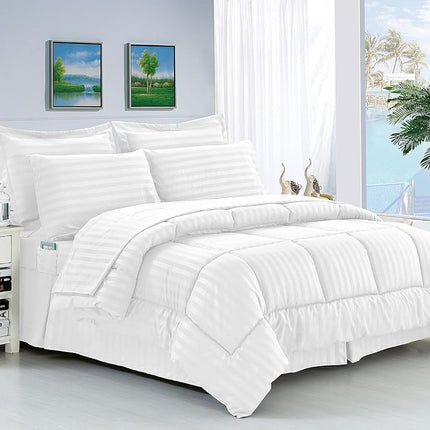 Elegant Comfort Silky Soft 8-Piece Dobby Stripe Bed-in-a-Bag Comforter Set, Includes 4pc Smart Sheet Set, Bed Skirt, Comforter, Matching Pillowcases and Shams - Twin/Twin XL, White