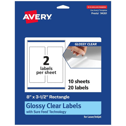Avery Glossy Clear Rectangle Labels with Sure Feed, 8" x 3.5", 20 Glossy Clear Labels, Print-to-The-Edge, Laser/Inkjet Printable Labels
