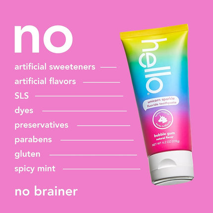 hello Unicorn Sparkle Kids Fluoride Toothpaste, Natural Bubble Gum Flavor, ADA Approved, Ages 2+, No Artificial Sweeteners, No SLS, Gluten Free, Vegan, Pack of 3, 4.2 oz Tubes