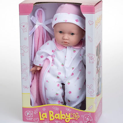 JC Toys La Baby Muñeca de Cuerpo Suave, 27.9 cm, Lavable, Ropa Removible, Rosa con Sombrero y Manta para 12 Meses +