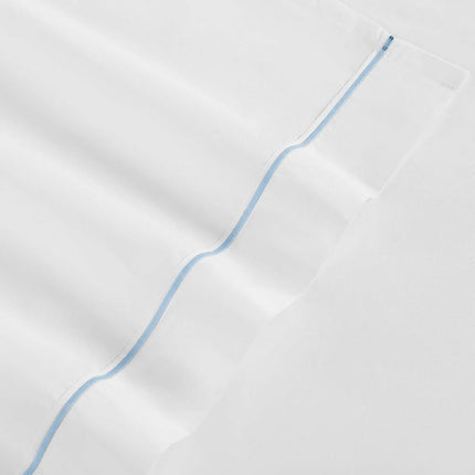 Tommy Hilfiger - Sheet Set, Cotton Percale Bedding with Matching Pillowcase, Crisp & Cool, Solid Design with Hem Stripe (White/Blue, Twin)