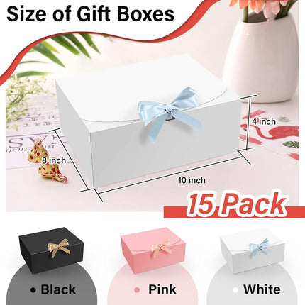 PEKGRIL 15 PCs Gift Boxes with Lids, White 10X8X4 Inch Boxes, Bridesmaid Proposal Box Ribbon, Kraft Paper for Wedding, Packaging, Present, Birthday, Christmas, Party KZH-BS