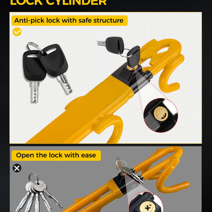 SEALIGHT Car Steering Wheel Lock with 2 Keys Car Double Hooks & Heavy Duty Car Club Steering Wheel Lock Adjustable Antitheft Locking Devices for Cars Truck Van SUV
