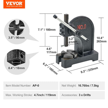 VEVOR Arbor Press, 0.5 Ton Manual Arbor Press, 11.68" Maximum Height, Cast Iron Heavy-duty Manual Desktop Arbor Press, Precision Hand Press for Stamping, Bending, Stretching, Forming
