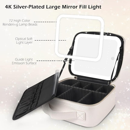 MOMIRA Travel Makeup Bag Cosmetic Bag Makeup Organizer Bag with Lighted Mirror, Adjustable Brightness in 3 Color Scenarios, Waterproof Makeup Train Case - Khaki