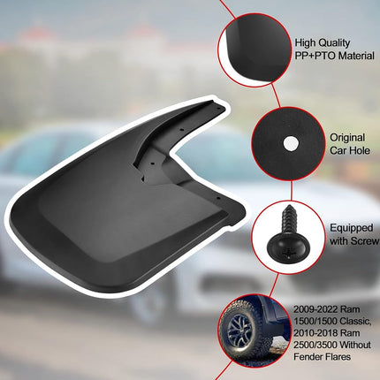 BDFHYK Mud Flaps Splash Guards 4PCS Front & Rear Side Mud Guards Compatible for 2009-2022 Dodge Ram 1500 2500 3500 Without OEM Fender Flares