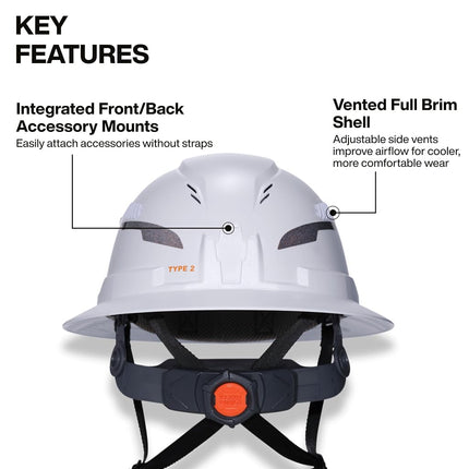 Klein Tools 60401T2 Type 2 Hard Hat, Vented Full Brim, Class C, 6-Point Suspension with Accessory Mounts and Washable Padding