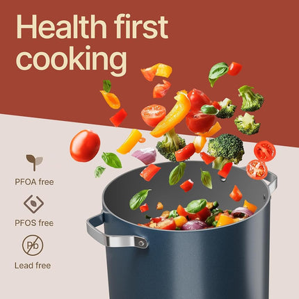 Blue 16 Quart Aluminum Stock Pot with Lid, Nonstick Ceramic Coated Boiling Pot, PTFE & PFAS Free, Oven Safe to 500°F, Riveted Stainless Steel Handles, Tempered Glass Lid, All Stove Compatible