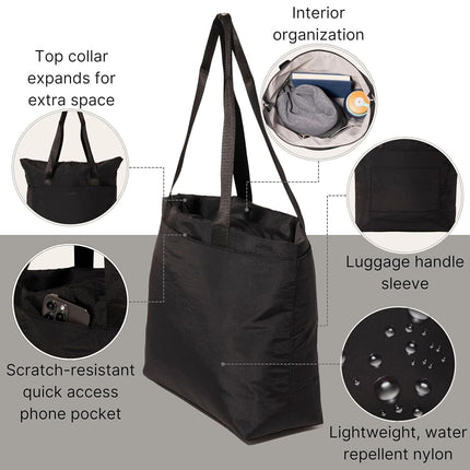 Baggallini Swift Tote Bag for Women - Lightweight 12x16 Nylon Zipped Travel Carry On Bag w/Luggage Sleeve, B-lite Black, One Size
