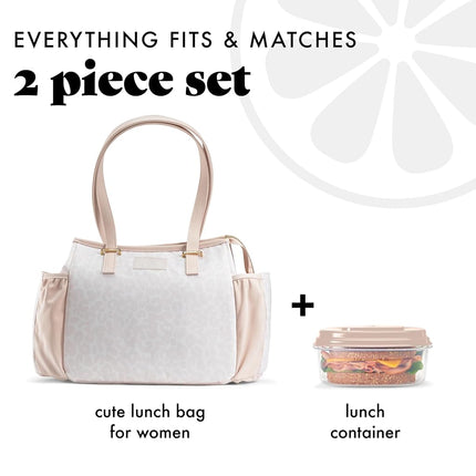 Copley Lunch Kit - Insulated, Stain-Resistant & Lightweight Women's Lunch Bag With Container, Ivory Feline Fine