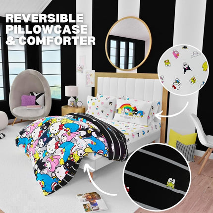 Parure de lit 7 pièces super douce Franco Collectibles Sanrio Hello Kitty & Friends avec couette et draps, avec taie d'oreiller, grand lit (produit 100 % sous licence officielle)