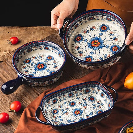 Bicuzat Blue and Orange Flower Vintage Style Ceramic Bakeware Casserole Lasagna Pans Baking Dish with Handles for Oven/Cooking/Kitchen-1 PCS-32 OZ