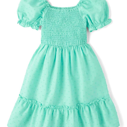 The Children's Place Girls' Short Sleeve Smocked Summer Dresses, Mint Tea, Large