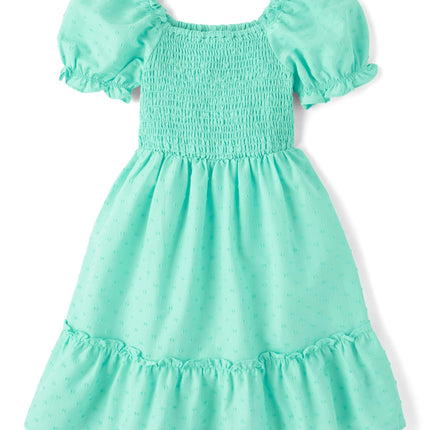 The Children's Place Girls' Short Sleeve Smocked Summer Dresses, Mint Tea, Large