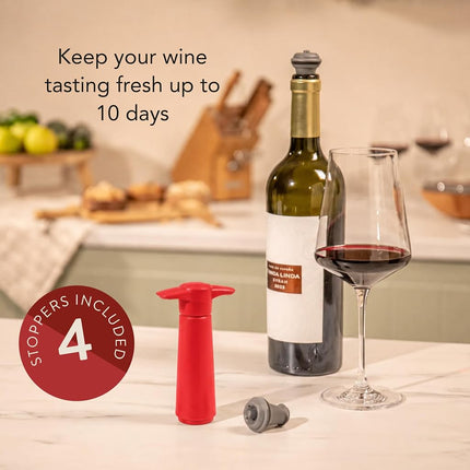 Vacu Vin Wine Saver Pump with 2 x Vacuum Bottle Stoppers - Red (Red Pump + 4 Stoppers)