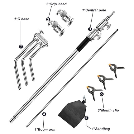 C Stand with Boom Arm-Light Photography Stand - Max Height 10.5ft/320cm Photography Light Stand with 4.2ft/128cm Holding， Pro 100% Stainless Steel Heavy Duty by Vallkay, Silver (CXJH01)