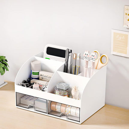 COMFYROOM Organizador de escritorio con 6 compartimentos y 2 cajones, organizador de maquillaje de plástico, portalápices para almacenamiento de escritorio, organizador de escritorio para útiles escolares, hogar, oficina (blanco-2 unidades)