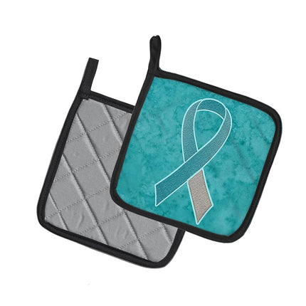 Caroline's Treasures AN1215PTHD Teal and White Ribbon for Cervical Cancer Awareness Pair of Pot Holders, Kitchen Heat Resistant Pot Holders Sets Oven Hot Pads for Cooking Baking BBQ,