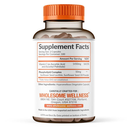 Liposomal Vitamin C - 200 Capsules 1500mg - Natural High Absorption Ascorbic Acid - Supports Immune System and Collagen Booster - Powerful Antioxidant High Dose Fat Soluble Supplement - Lypo Spheric