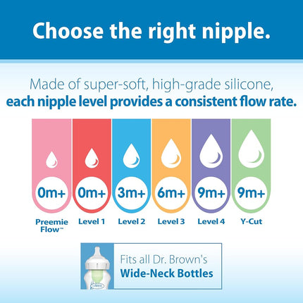 Dr. Brown’s Natural Flow® Y-Cut Wide-Neck Baby Bottle Silicone Nipple, Ideal for Thicker Liquids, 9m+, 100% Silicone Bottle Nipple, 6 Pack