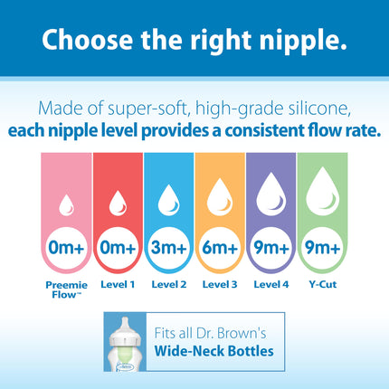 Dr. Brown’s Natural Flow® Y-Cut Wide-Neck Baby Bottle Silicone Nipple, Ideal for Thicker Liquids, 9m+, 100% Silicone Bottle Nipple, 6 Pack