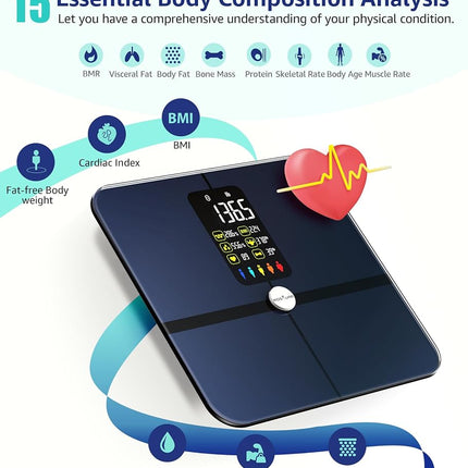 Body Fat Scale, Posture Extra Large Display Digital Bathroom Wireless Weight Scale Composition Analyzer with Heart Rate Heart Index & Body Shape Index with Free APP 400Lb Black