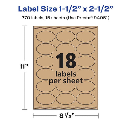 Avery Kraft Brown Oval Labels with Sure Feed, 1.5" x 2.5", 270 Kraft Brown Labels, Laser/Inkjet Printable Labels