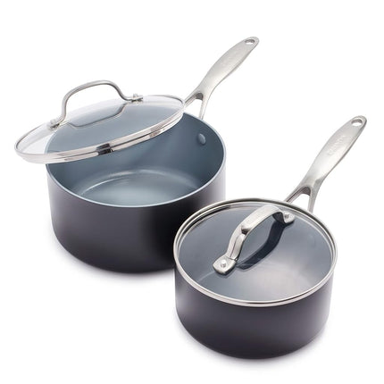 GreenPan Valencia Pro Batterie de cuisine saine en céramique antiadhésive, anodisée dure, comprenant des casseroles de 1,9 L et 2,8 L avec couvercles, sans PFAS, compatible induction, lavable au lave-vaisselle, compatible four, grise
