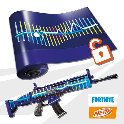 Nerf Fortnite Blue Shock Blaster, chargeur 10 fléchettes, 10 fléchettes Nerf Elite, inclut un code bonus pour débloquer le revêtement « The Beat » dans le jeu, blaster motorisé
