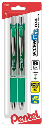Bolígrafo de gel líquido retráctil Pentel EnerGel RTX, línea gruesa, punta de metal, tinta verde, paquete de 2 (BL80BP2D)