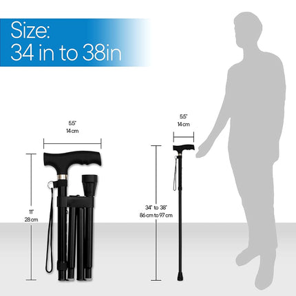 Canne pliante RMS – Canne de marche déportée en aluminium pliable, réglable et légère – Canne de marche pliable avec poignée Derby ergonomique – Aide à la vie quotidienne idéale pour la mobilité réduite (Noir)