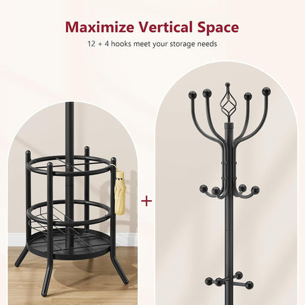 Tajsoon Coat Rack with Umbrella Holder, Coat Stand With 16 Hooks, Black