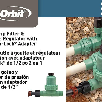Orbit 2 Pack 2-in-1 Drip Irrigation Filter and 30 PSI Pressure Regulator - Micro-Irrigation Valve - Water Flow Reducer