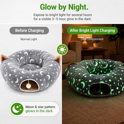 LUCKITTY Cat Tunnel Bed Under Christmas Tree with Plush Ball Toy Playground Crinkle Collapsible Self-Luminous Flannel Fabric 3FT for Large Cats Kittens Kitty Small Animals Puppy Grey Moon Star