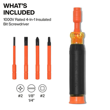 Klein Tools 32604INS 4-in-1 Insulated Multi-Bit Screwdriver, Multi-Bit Driver with Auto-Locking Collar, 1000V Rated, in-Handle Bit Storage