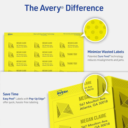 Avery Neon Address Labels with Sure Feed for Laser Printers, 1 x 2 5/8", 750 Yellow Stickers (5972)