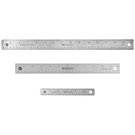 Westcott Stainless Steel Ruler Set with Flexible Design, Non-Slip Cork Base, for Crafting, Office, Classroom, Back to School Supplies, Includes 6-, 12-, & 15-inch Rulers, 3 Pack