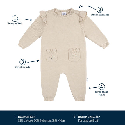 Gerber Baby Girls' Sweater Knit Romper Jumpsuit, Grey Deer, 24 Months