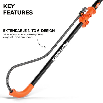 Klein Tools 53018 6-Foot Steel Toilet Auger, Extendable Toilet Snake Drain Clog Remover, Hybrid Manual Drill Operation, Plumbing Snake for Drains