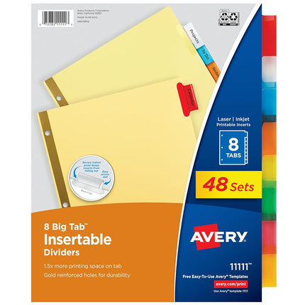 Intercalaires à 8 onglets Avery pour classeur, grands onglets multicolores insérables, 48 jeux (11111)