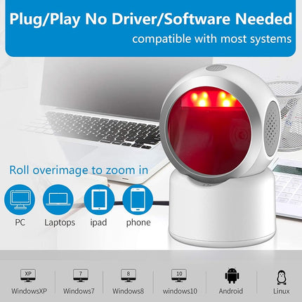 2D QR Barcode Scanner Omnidirectional Hands-Free USB Automatic Barcode Reader for Mobile Payment Computer Screen Scan