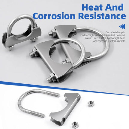 Glarks 2Pcs 304 Stainless Steel Exhaust U-Clamps 45MM (1-3/4in) Muffler Exhaust Clamps U-Bolt Clamps Design with Saddle Flange for Exhaust Tail Pipe