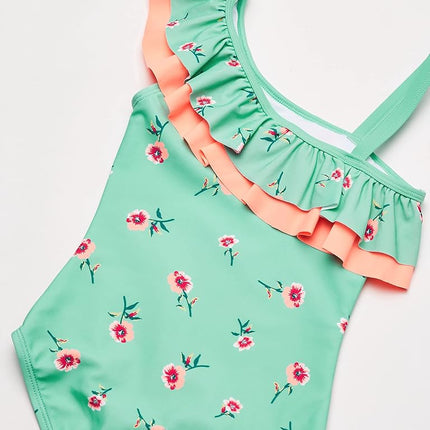 Kanu Surf Girls' Morgan Floral Ruffle 1-Shoulder 1-Piece Swimsuit, Aqua, 14