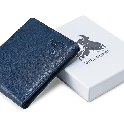 RFID Bifold Leather Wallet for Men with Flip Up ID in Vintage Buffalo Brown, Power Blue - Wild Buffalo Blue, Classic