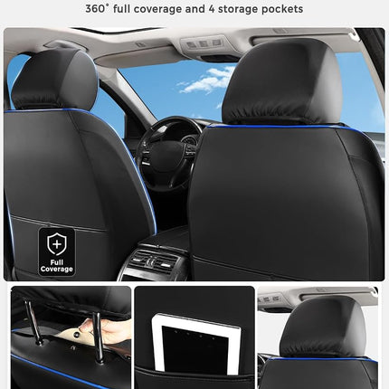 Huidasource Car Seat Covers Full Set, Leather Vehicle Cushion Covers, Universal Fit Most Car Sedan SUV Pickup Truck, Fit for Acura Honda City Nissan Altima Mazda Hyundai Audi (Full Set/Black&Blue)