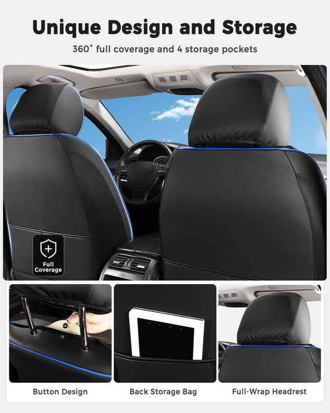Huidasource Car Seat Covers Full Set, Leather Vehicle Cushion Covers, Universal Fit Most Car Sedan SUV Pickup Truck, Fit for Acura Honda City Nissan Altima Mazda Hyundai Audi (Full Set/Black&Blue)